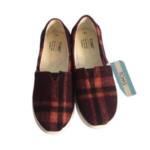 Toms Belmont Plaid Red Black  Flannel Slip On  Shoes Kids Youth Size 2